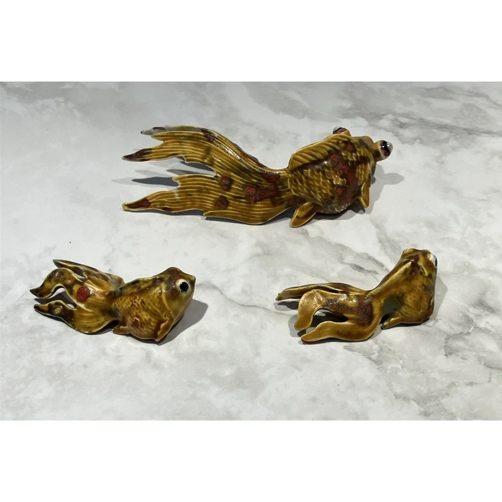 Set of 3 Koi Fish Ceramic Handcxrafted Gold Red Green Signed Irene Marosy